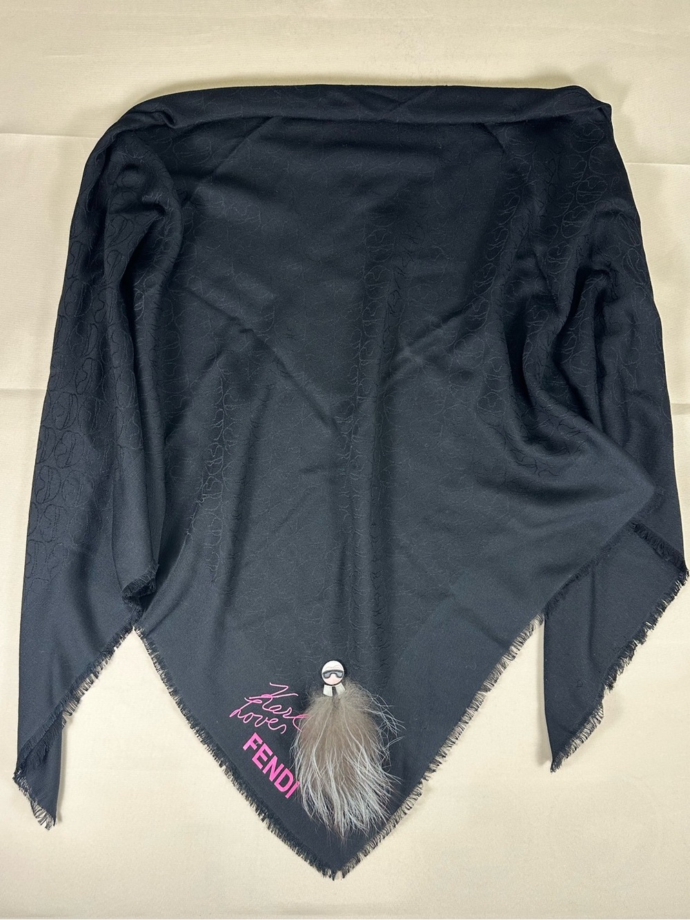 Fendi Karlito Silver Fox Fur Charm Silk Wool Shawl Scarf Jacquard 55x55